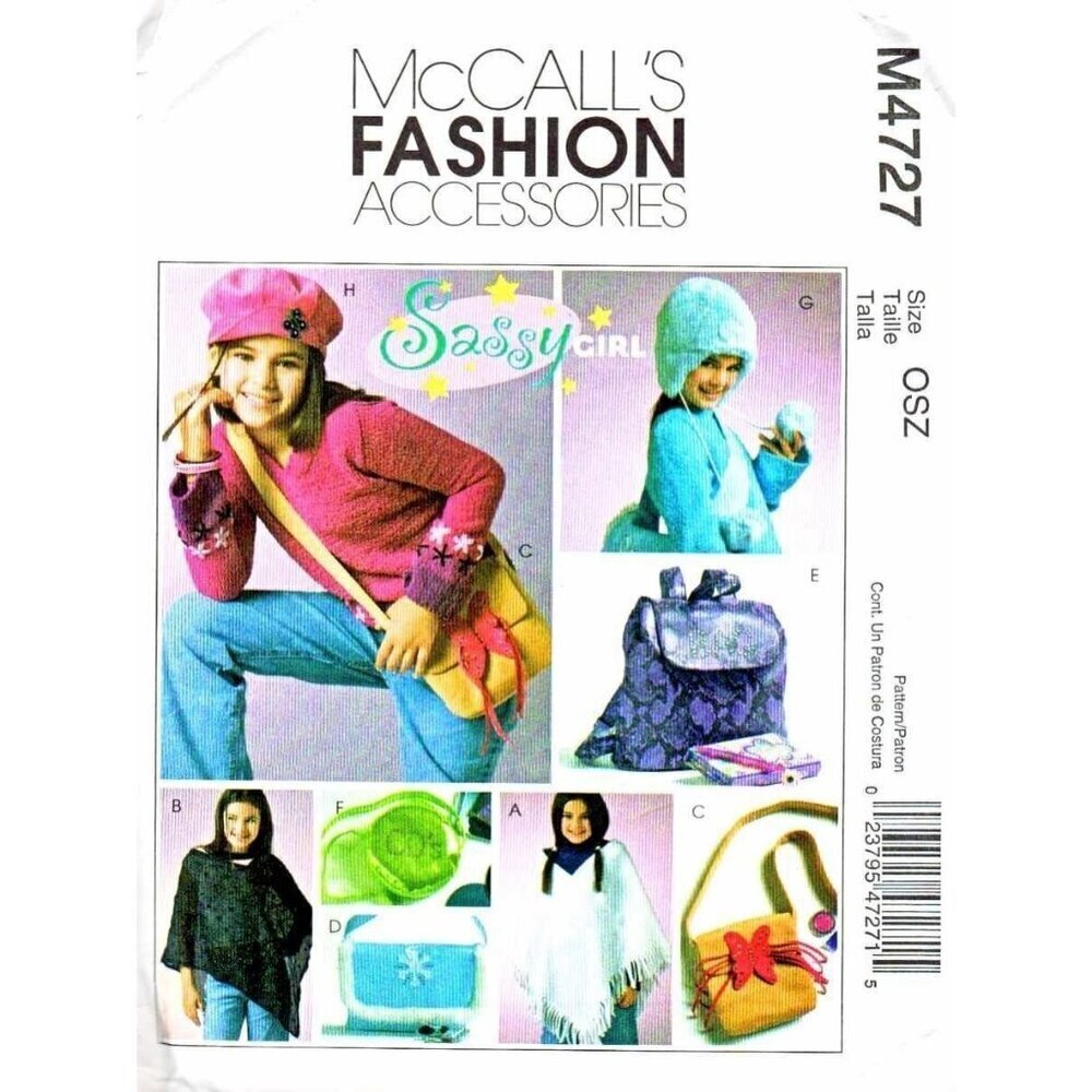 McCall's Sewing Pattern 4727 Sassy Girl Girls OSZ Multi Accessories Poncho Hat
